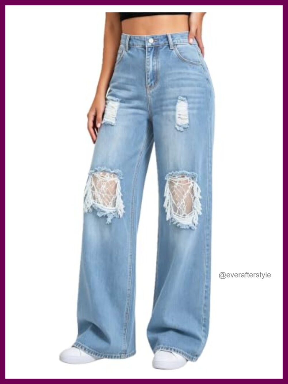 Wide Leg Ripped Distressed Denim Jeans Mid Waist Pull On